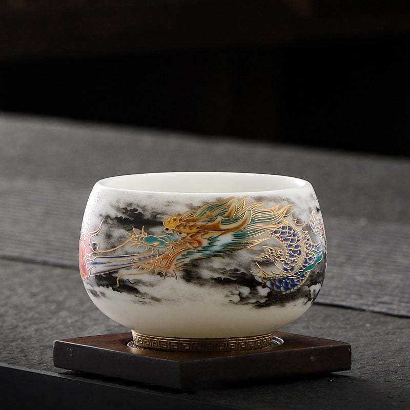 Dragon Playing With Pearl Design White Porcelain Ceramic Teacup Kung Fu Tea Cup 160ml