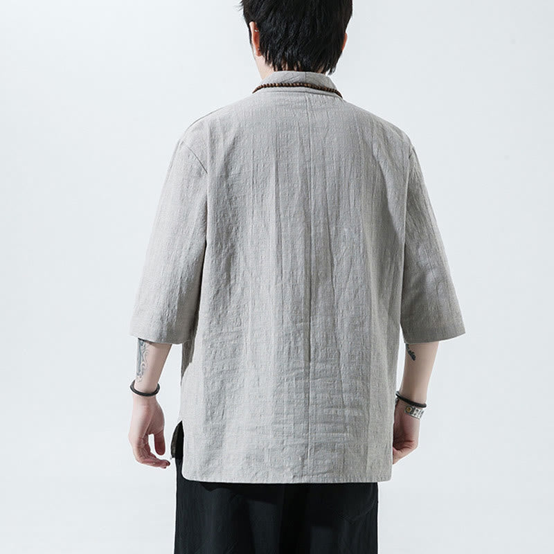 Casual Solid Color Two Buttons V-neck Three Quarter Sleeve Cotton Linen Men's Shirt