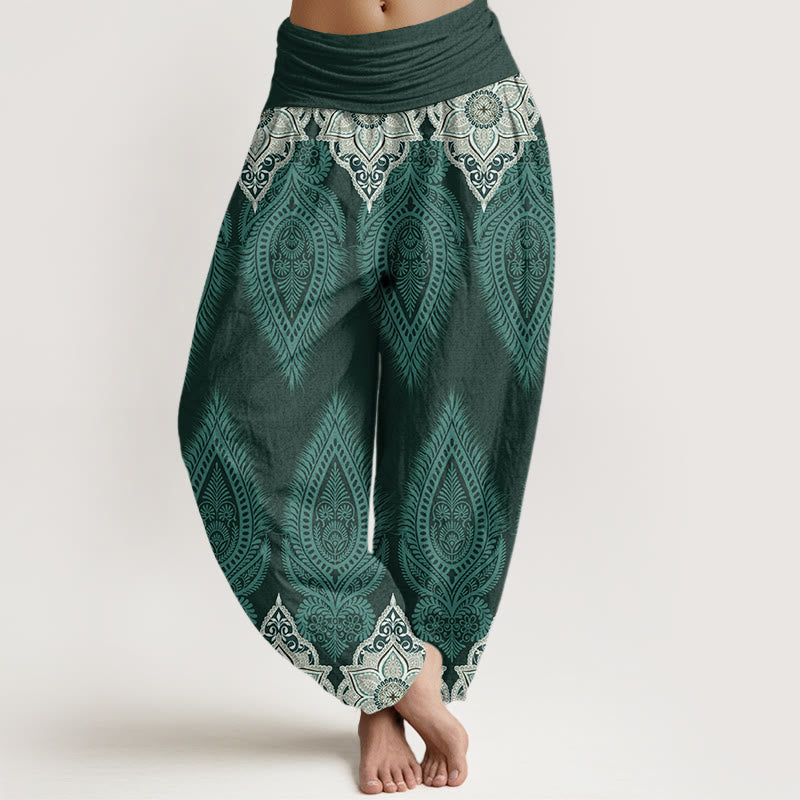 Casual Feather Flower Design Women's Elastic Waist Harem Pants