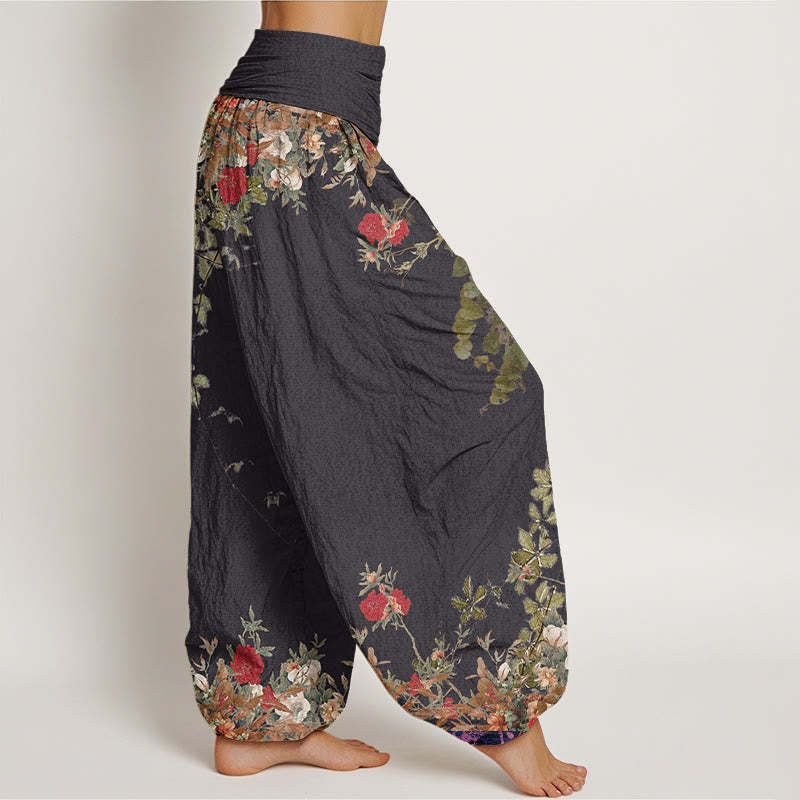 Casual Red Peony Flower Vine Design Women's Elastic Waist Harem Pants