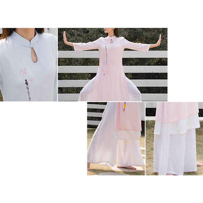 2Pcs Lotus Pattern Tai Chi Meditation Yoga Cotton Linen Clothing Top Pants Women's Set