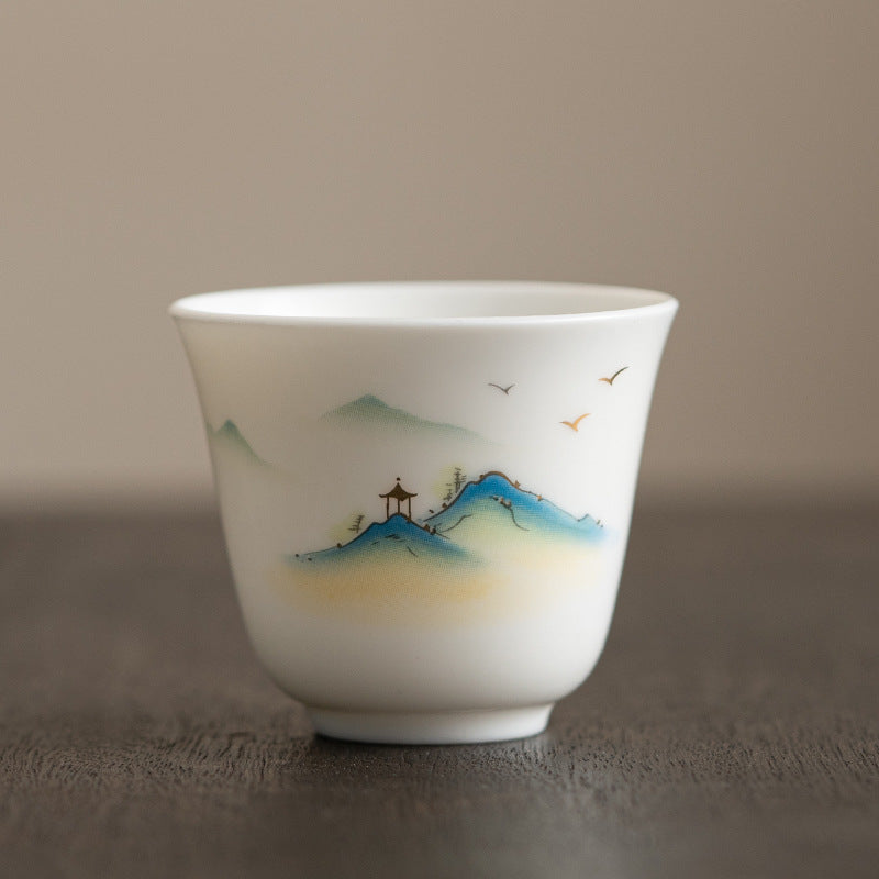 Lotus Flower Leaf Mountain Pavilion Elk Peony Ceramic Teacup Kung Fu Tea Cup