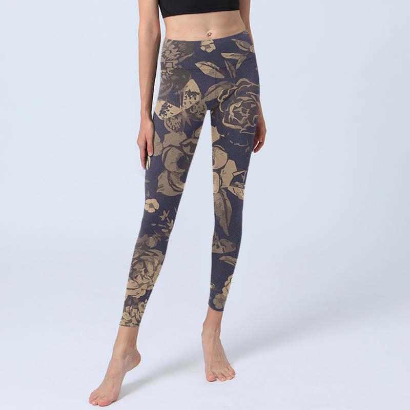 Peony Flowers Leaves Blossom Print Gym Fitness Leggings Women's Yoga Pants