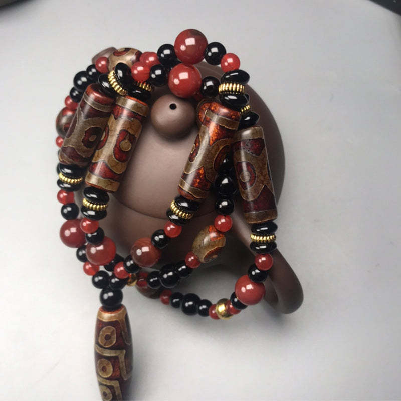 Nine-Eye Dzi Bead Red Agate Wealth Health Necklace