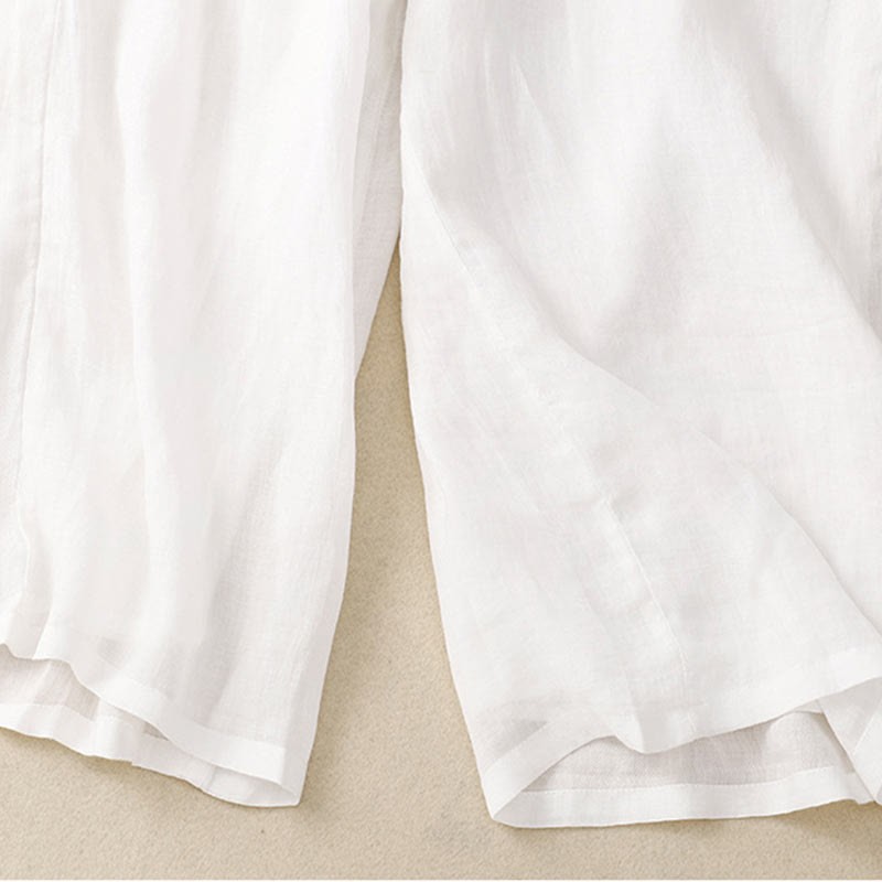 Floral Print High Waist Cotton Linen Drawstring Wide Leg Pants With Pockets