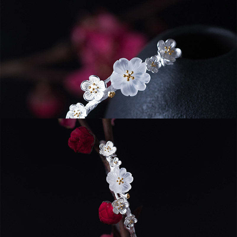 925 Sterling Silver Plum Flower Blessing Bracelet Adjustable Bangle