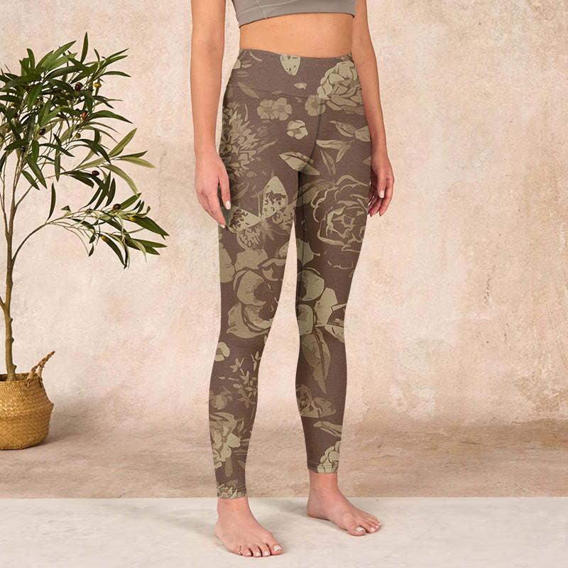 Peony Flowers Leaves Blossom Print Gym Fitness Leggings Women's Yoga Pants