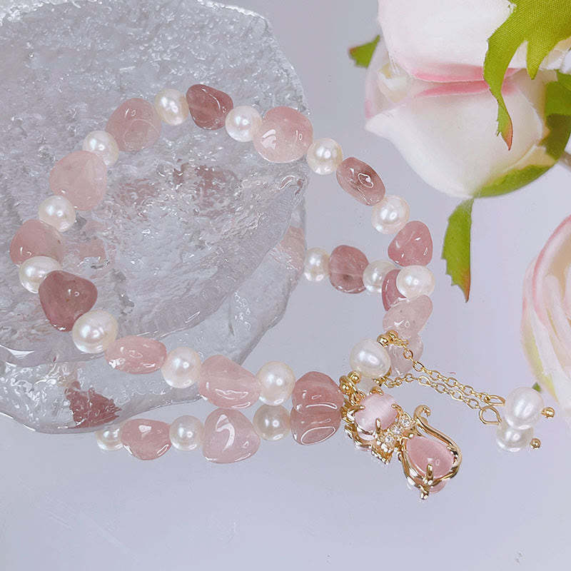 Natural Strawberry Quartz Pearl Cat Positive Bracelet