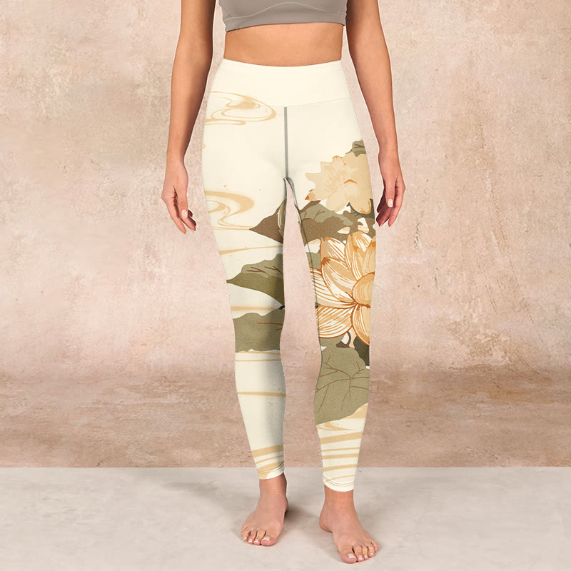 Beige Lotus Flower Print Gym Fitness Leggings Women's Yoga Pants