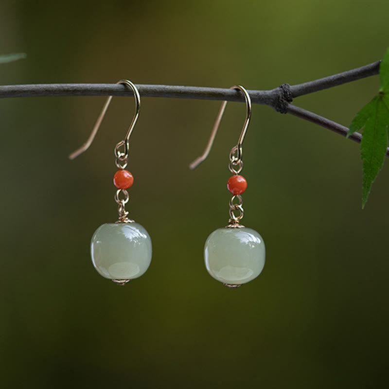 925 Sterling Silver 14K Gold Plated Hetian Jade Red Agate Luck Drop Dangle Earrings