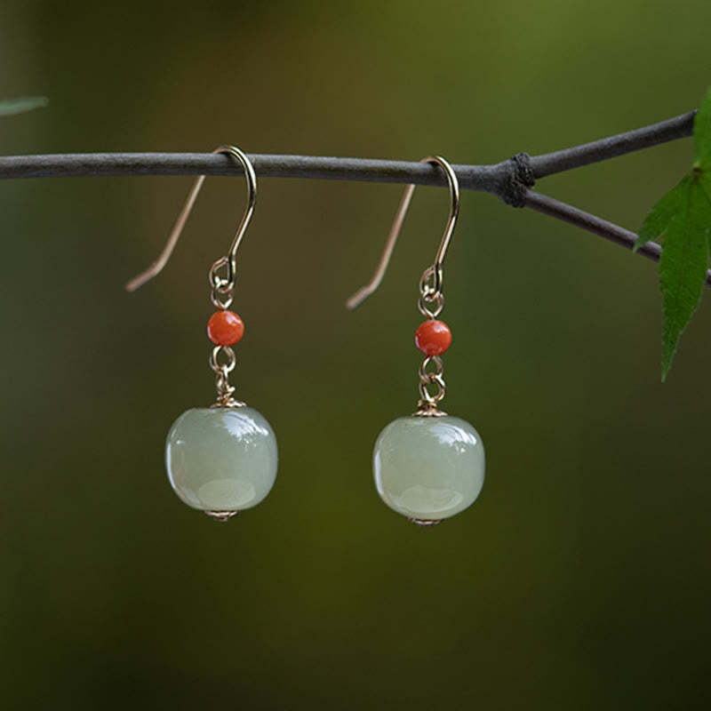 925 Sterling Silver 14K Gold Plated Hetian Jade Red Agate Luck Drop Dangle Earrings