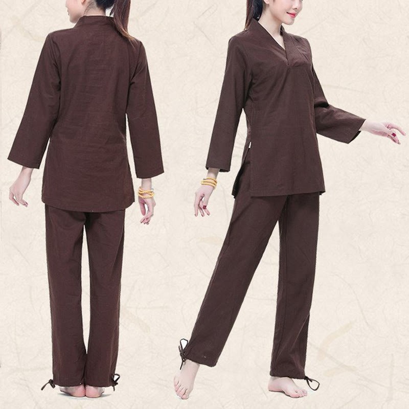 Zen Practice Yoga Meditation Prayer V-neck Design Uniform Cotton Linen Clothing Women's Set