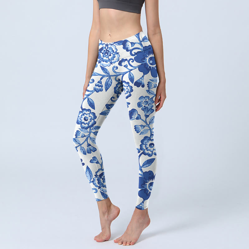 Blue Flowers Leaves Branches Print Gym Leggings Women's Yoga Pants