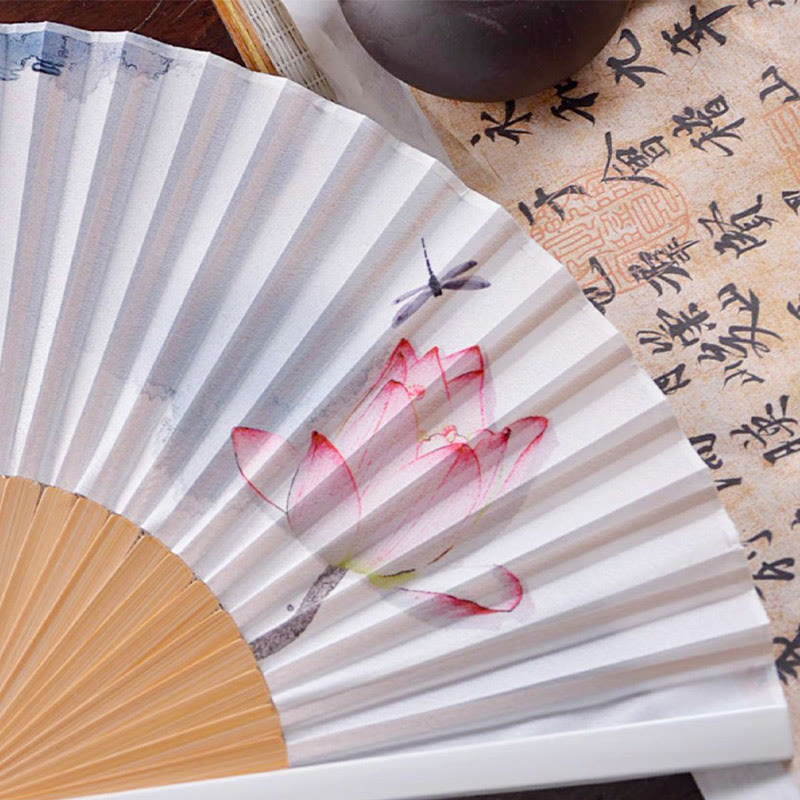 Chinese Characters Ink Painting Lotus Flower Leaf Landscape Handheld Huayao Crepe Polyester Bamboo Folding Fan 23.3cm