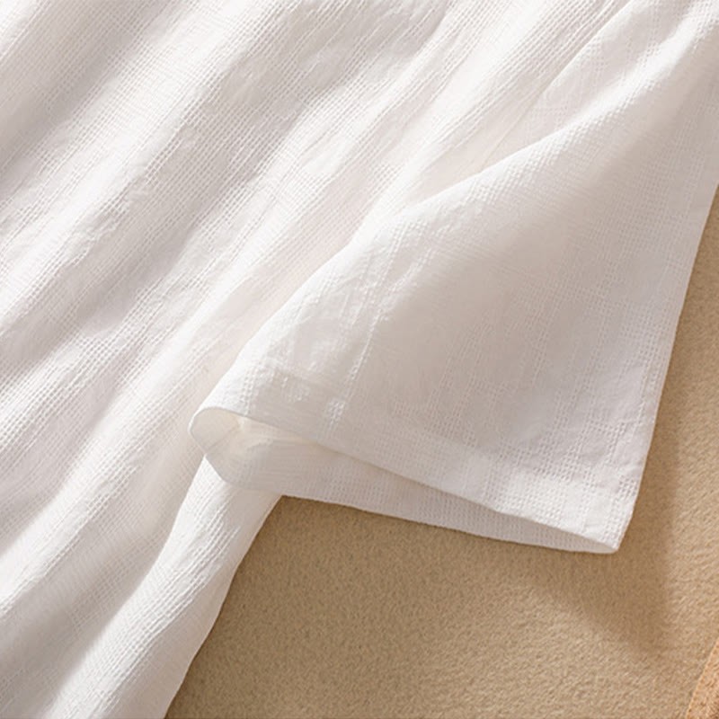 Plum Blossom Embroidery Frog-Button Short Sleeve Cotton Linen Shirt