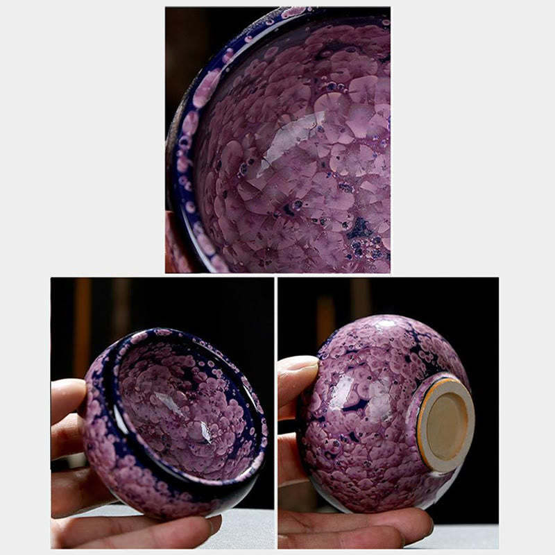 Colorful Iris Flowers Chinese Jianzhan Kiln Change Porcelain Teacup Tenmoku Kung Fu Tea Cup