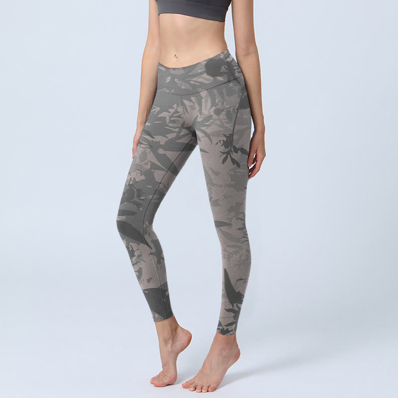 Gray Leaves Print Gym Leggings Women's Yoga Pants