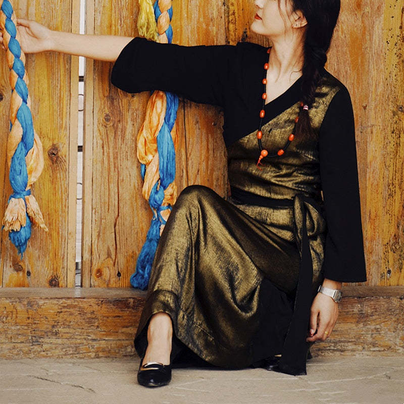 Tibetan Dress Clothing Lhasa Gold Black Long Wrap Dress Maxi Dress Women Clothing