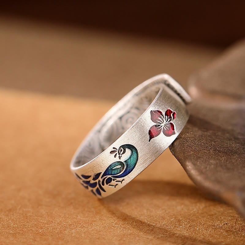 999 Sterling Silver Peacock Auspicious Clouds Engraved Lotus Flower Fortune Ring