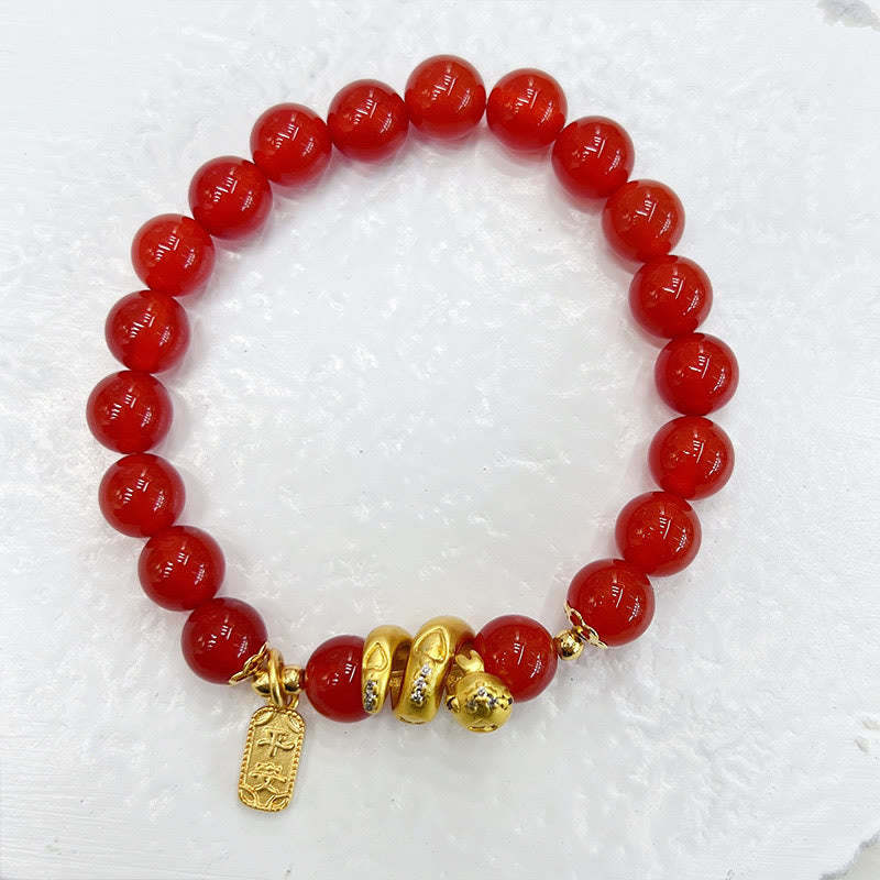 Red Agate Gold Plated Copper Peace And Joy Safe Plate Year of the Snake Confidence Bracelet