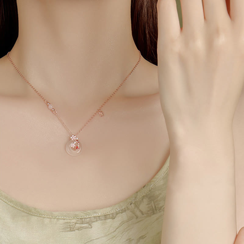 Chalcedony Pink Crystal 925 Sterling Silver Flowers Koi Fish Peace Buckle Positive Necklace Pendant