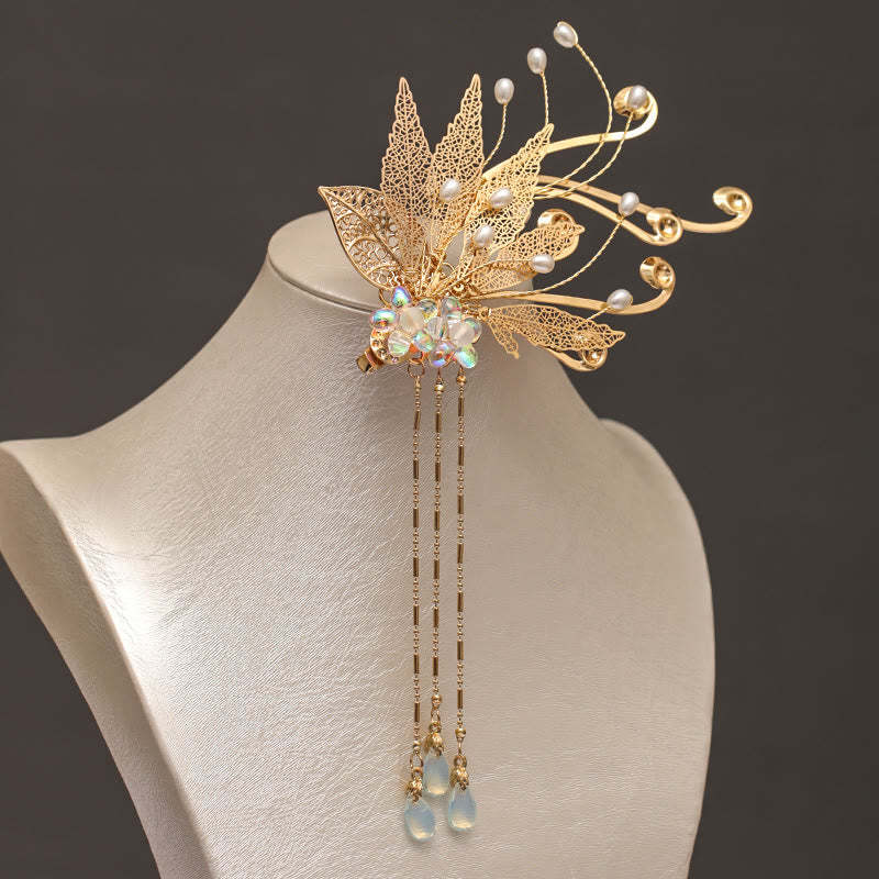 Traditional Chinese Golden Leaf Flower Tassel Hair Clip