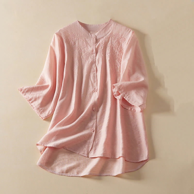 Casual Women's Embroidered Stand Collar Design Cardigan Half Sleeve Cotton Linen Shirt