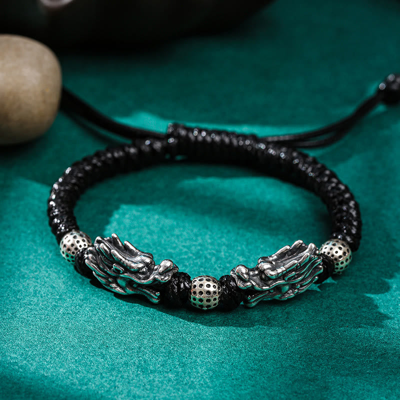999 Sterling Silver Double Dragon Luck Handmade Braided Bracelet