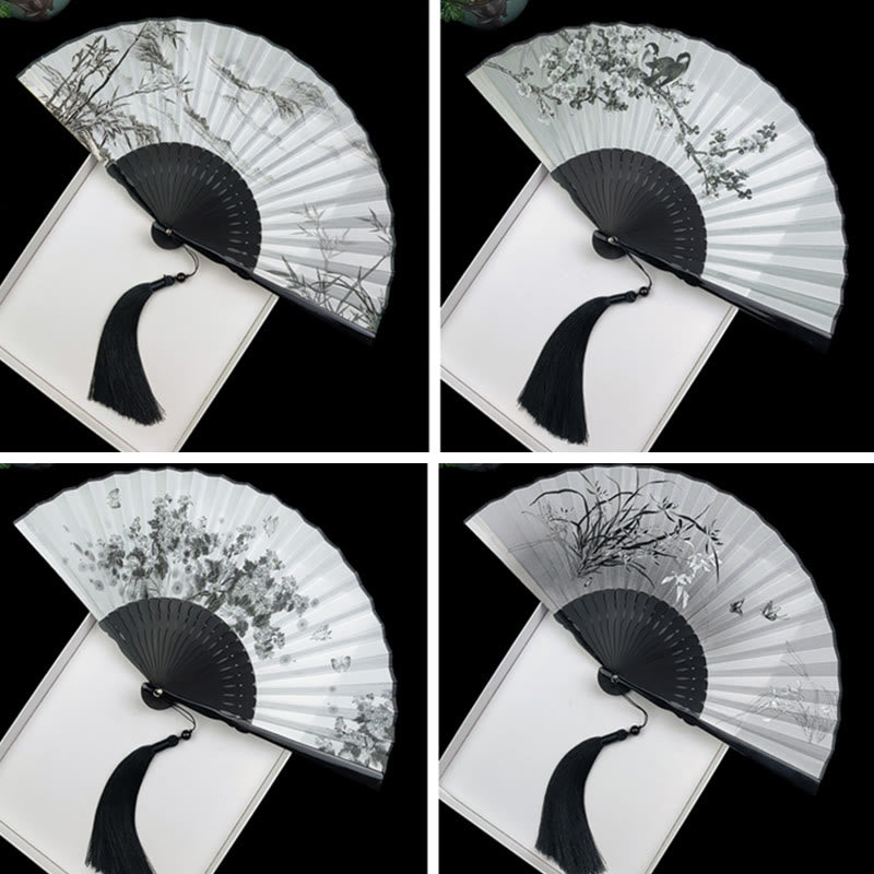 Vintage Bamboo Peony Butterfly Lotus Handheld Silk Folding Fan With Bamboo Frames
