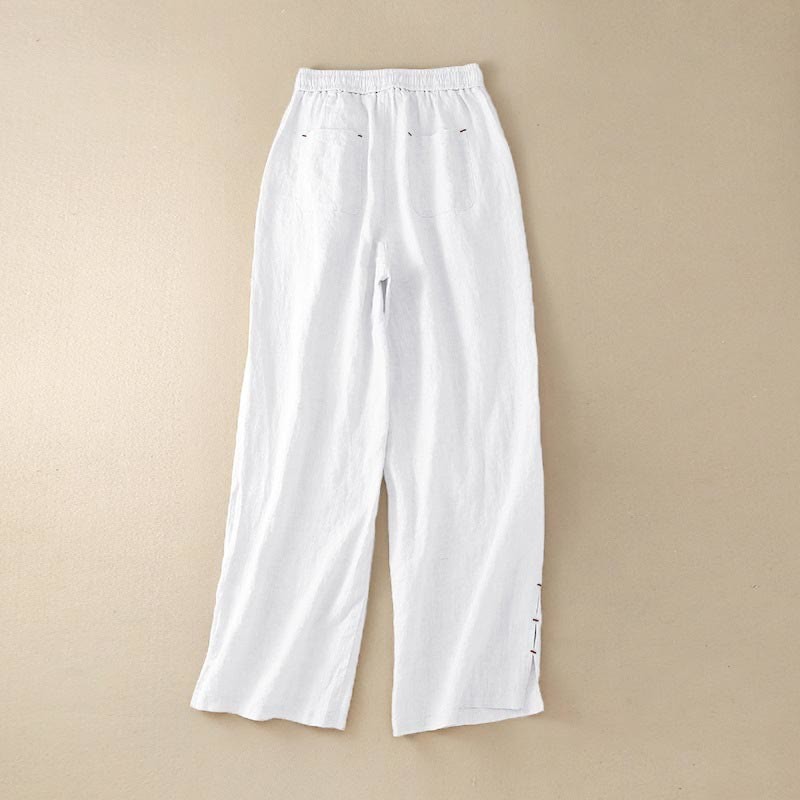 Casual Cotton High Waist Lace-up Slit Wide Leg Pants With Pockets