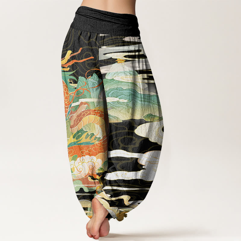 Dragons Auspicious Clouds?pattern Women's Elastic Waist Harem Pants