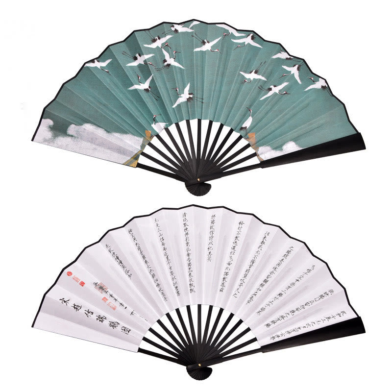 Cranes Auspicious Clouds Solid Color Gradient Handheld Cotton Linen Fabric Bamboo Folding Fan
