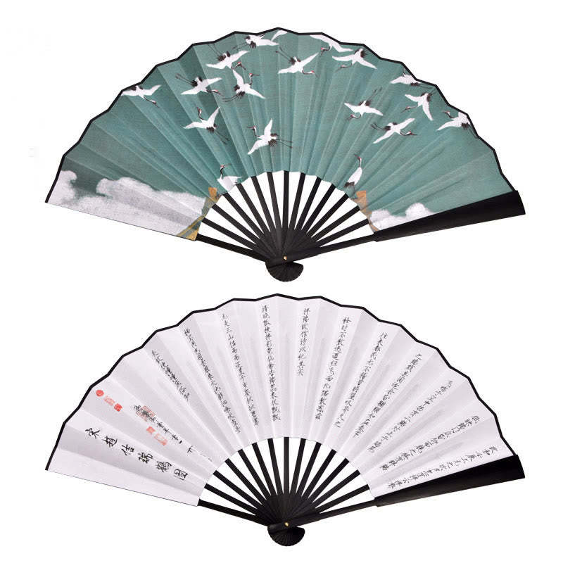 Cranes Auspicious Clouds Solid Color Gradient Handheld Cotton Linen Fabric Bamboo Folding Fan