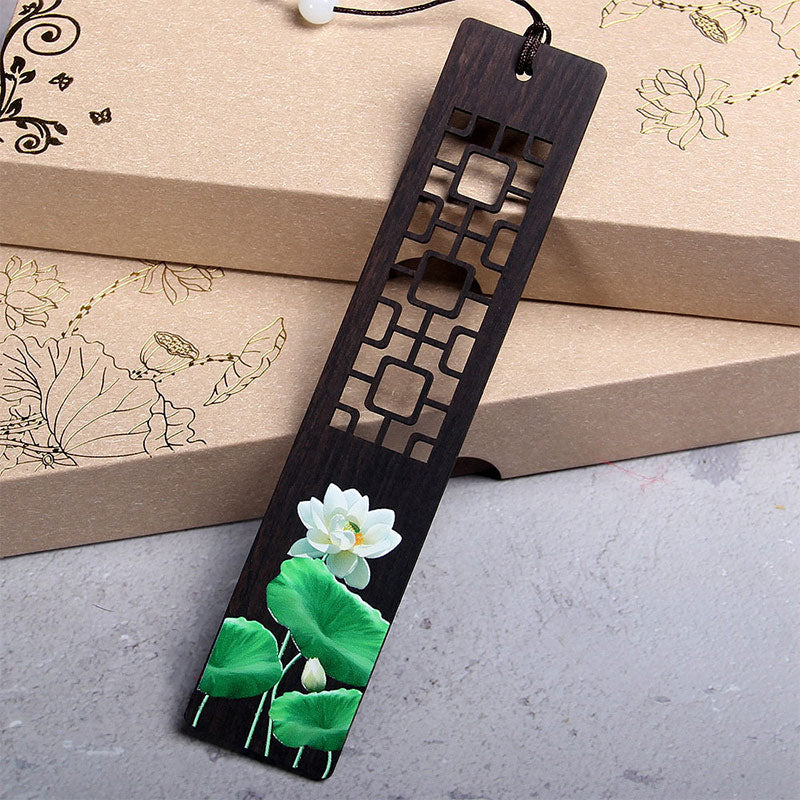 Green Lotus Bamboo Oriole Ebony Wood Bookmarks With Gift Box