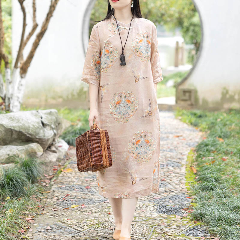 Orange Flower Bird Print Cheongsam Midi Dress Cotton Linen Half Sleeve Dress With Pockets