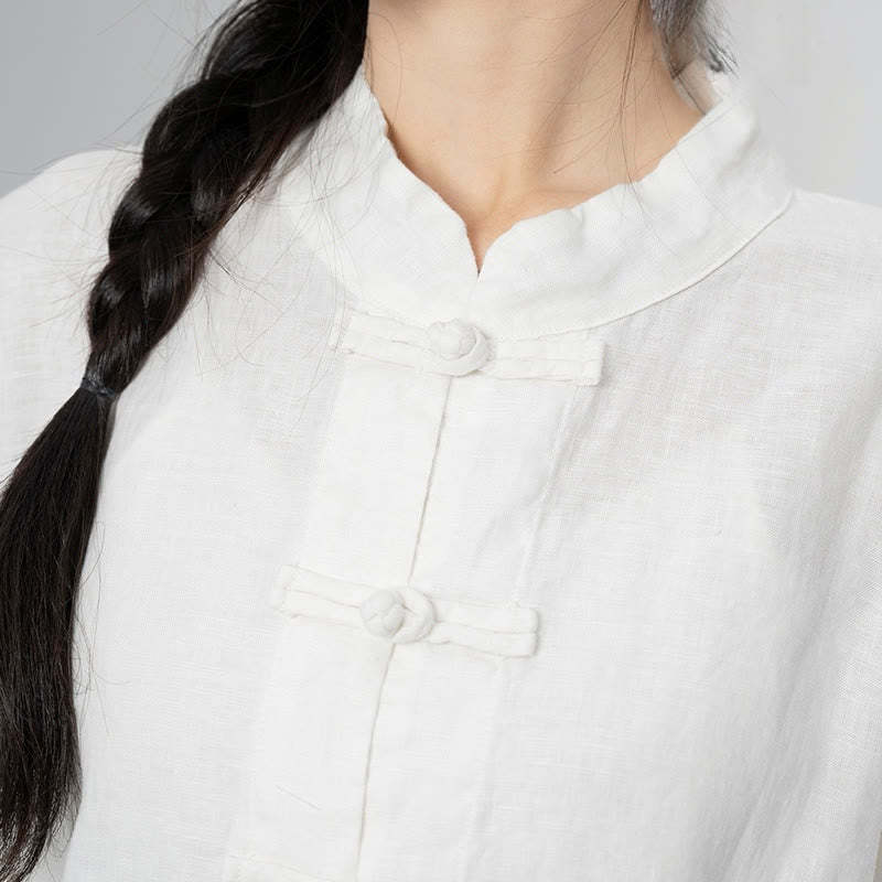 Solid Color Frog-button Long Sleeve Linen Women's Shirts With Pockets