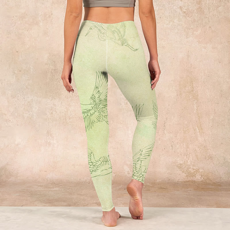 Light Yellow Crane Print Sports Leggings Women's Yoga Pants