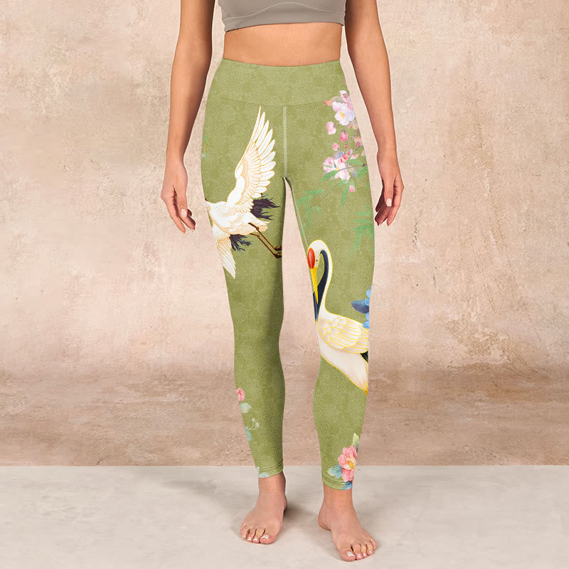 Hibiscus Birds Bamboo Print Gym Leggings Women's Yoga Pants