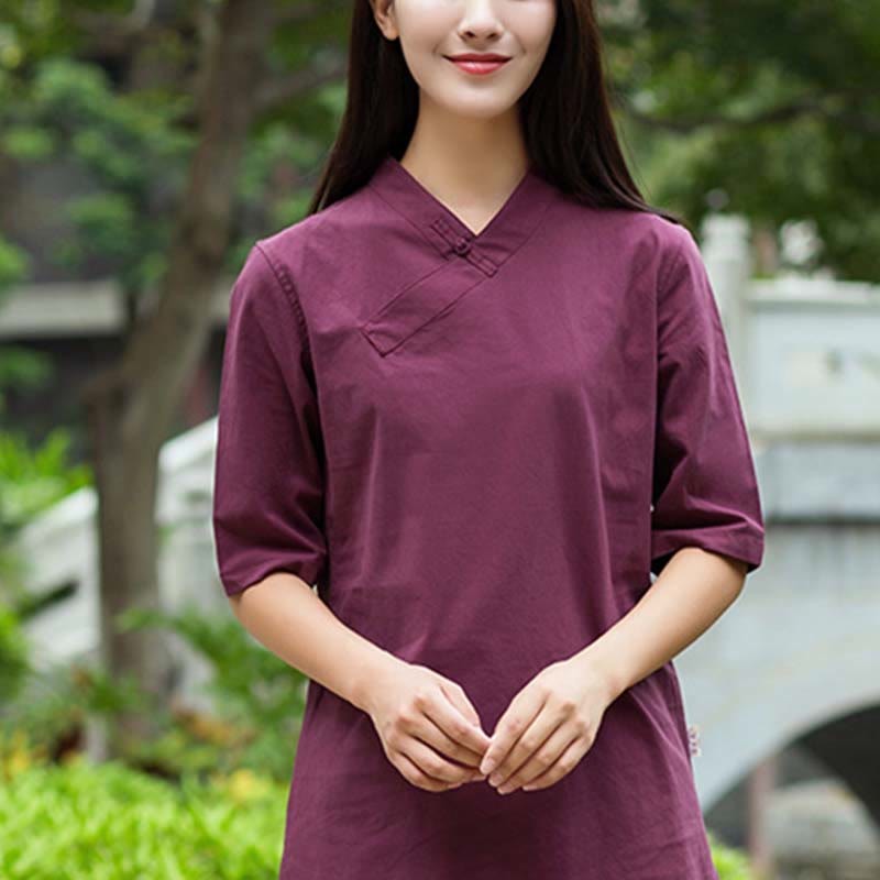 2Pcs Half Sleeve V-Neck Shirt Top Pants Meditation Zen Tai Chi Linen Clothing Women's Set
