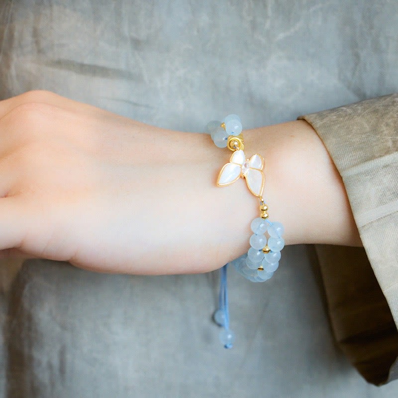 Natural Aquamarine Amethyst Moonstone Butterfly Bamboo Healing Bracelet