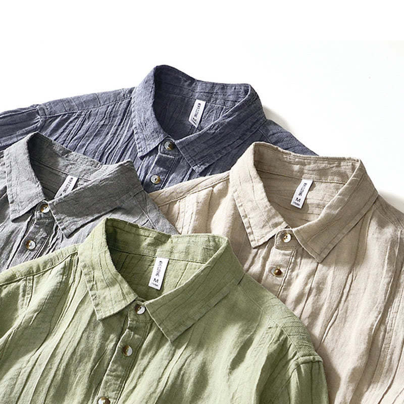 Causal Plain Lapel Ramie Linen Half Button Men's Shirt