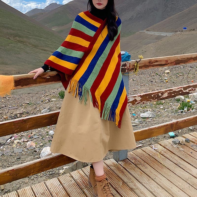 Tibetan Colorful Striped Design Shawl Tassels Pullover Winter Cozy Travel Scarf Wrap