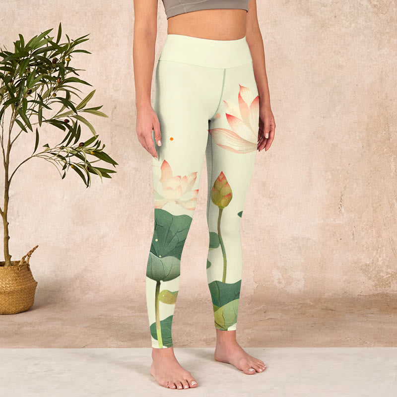 Lotus Flower Leaf Dragonfly Print Fitness Leggings Women's Yoga Pants