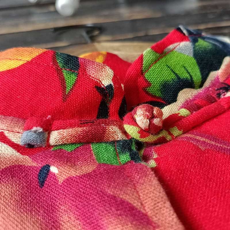 Ethnic Red Flower Peony Frog-Button Cotton Linen Long Sleeve Shirt Jacket With Pockets