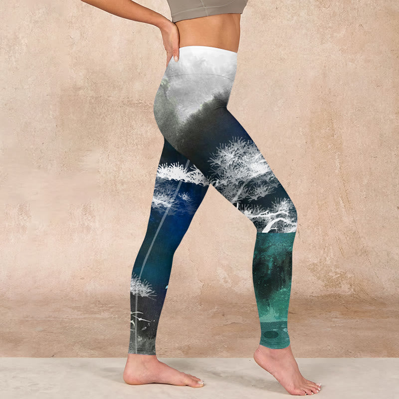 Ink Painting Pine Tree Print Gym Leggings Women's Yoga Pants