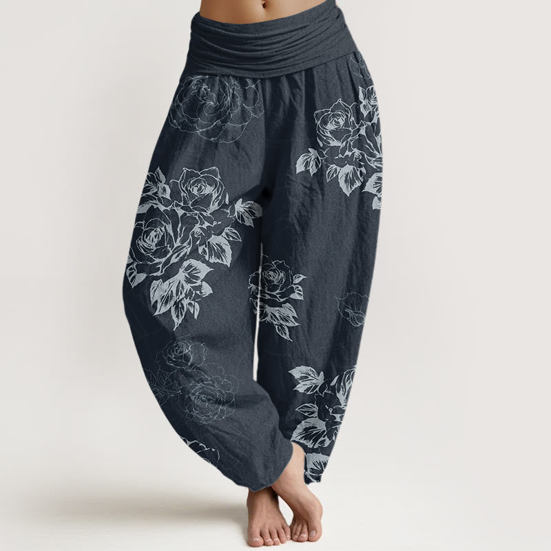 Casual Rose Peony Flowers Women's Elastic Waist Harem Pants
