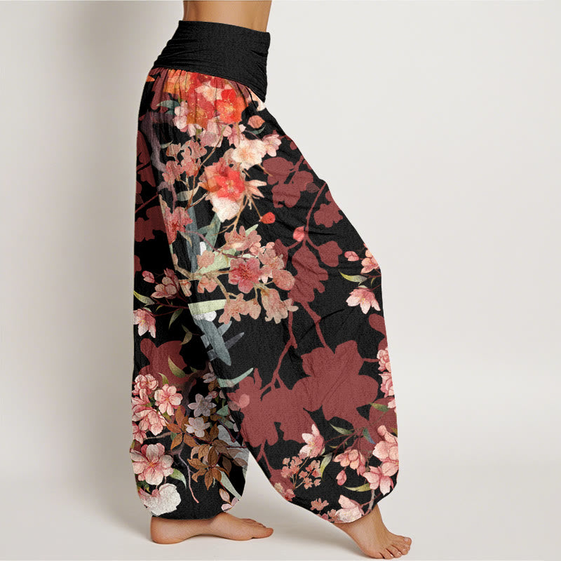 Red Pink Blooming Flowers Lush Branches Women's Elastic Waist Harem Pants