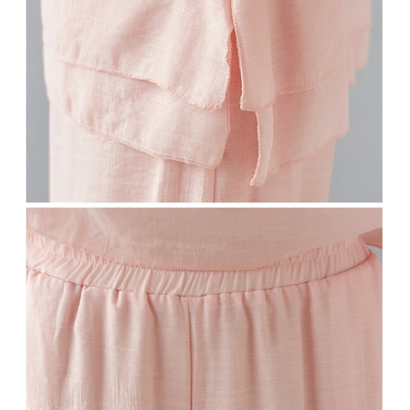 2Pcs Three Quarter Sleeve Long Sleeve Shirt Wide Leg Pants Meditation Cotton Linen Clothing Women's Set