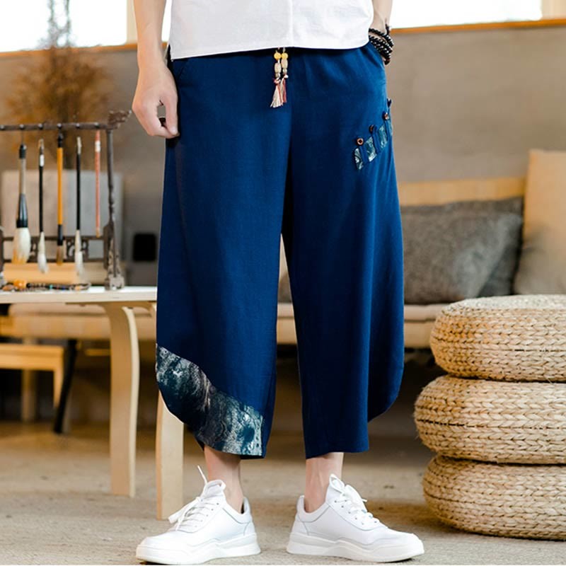 Patchwork Design Drawstring Cotton Men's Cropped Pants With Pockets