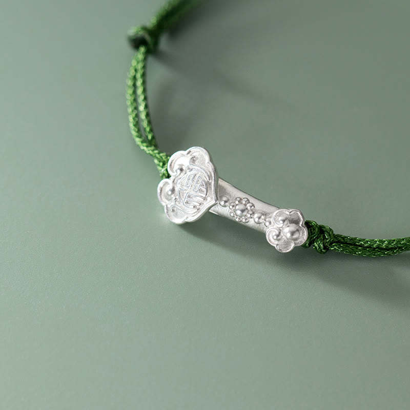 Handmade 999 Sterling Silver Fu Character Wish Ruyi Handle Luck Braided Green Rope Bracelet